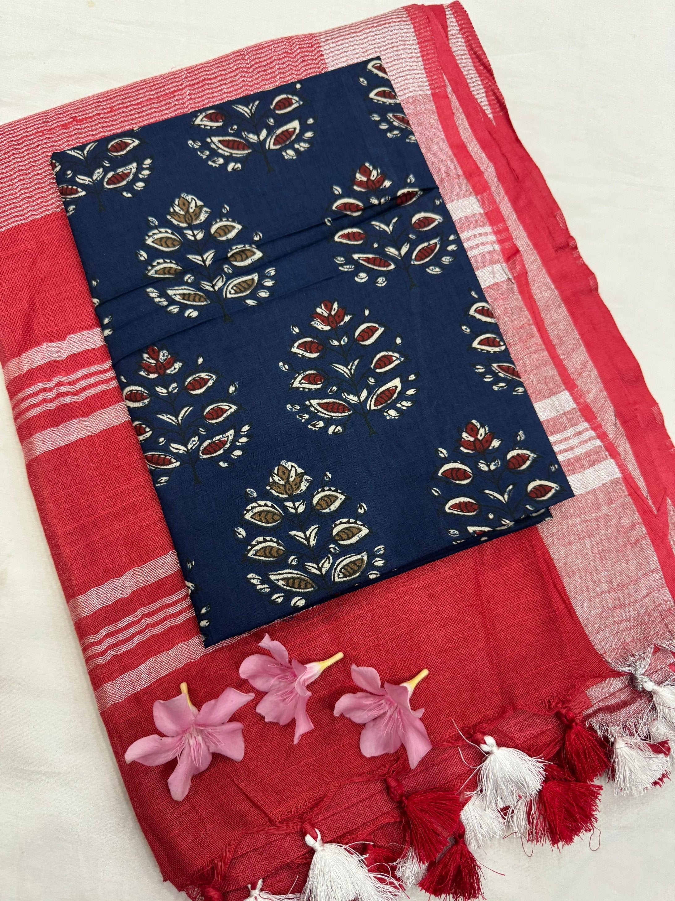 Red Saree with Blue Floral Butti Blouse Fabric – Premium handblock printed saree wholesale for retailers and boutiques